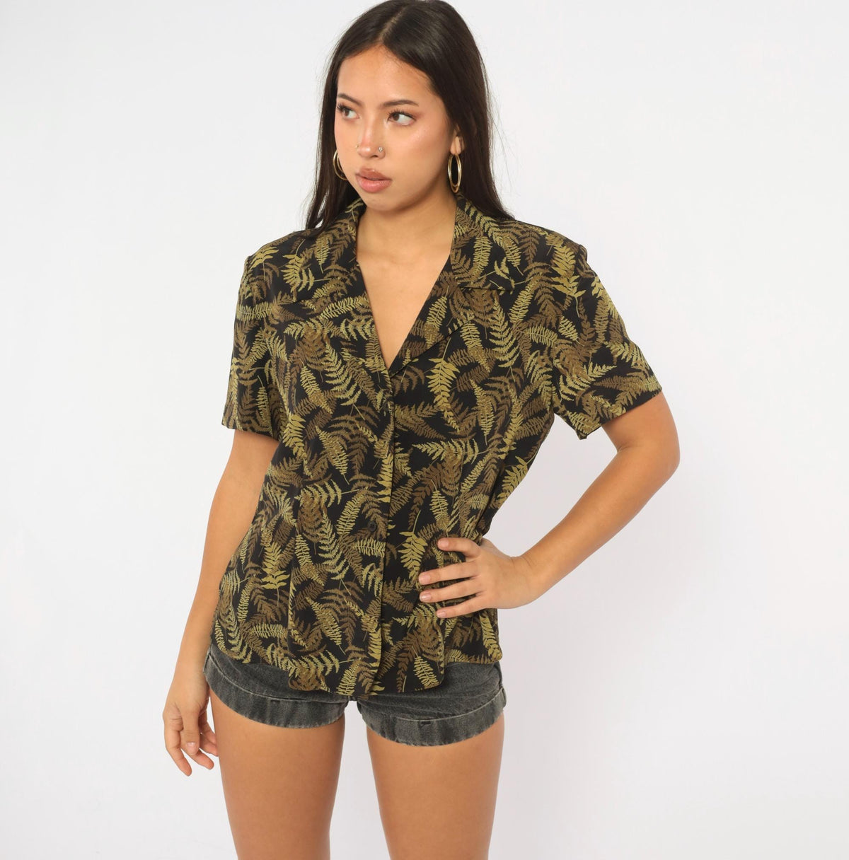 90s Joan Leslie Fern Print Camp Collar Shirt Black Olive Botanical Large L