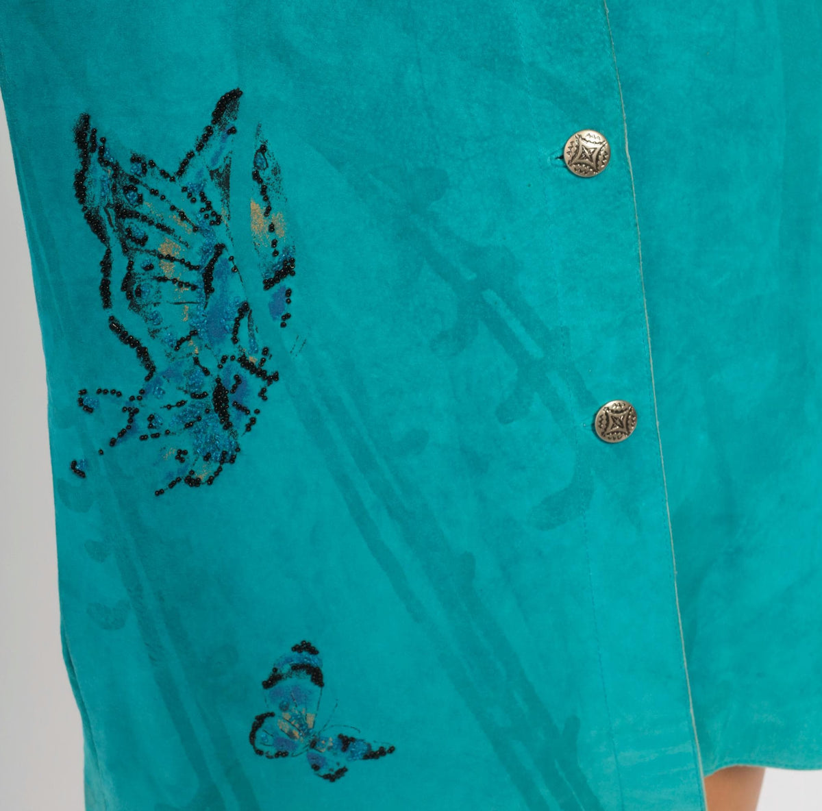 90s Chicos Turquoise Suede Jacket Beaded Butterfly Painted Back Large L