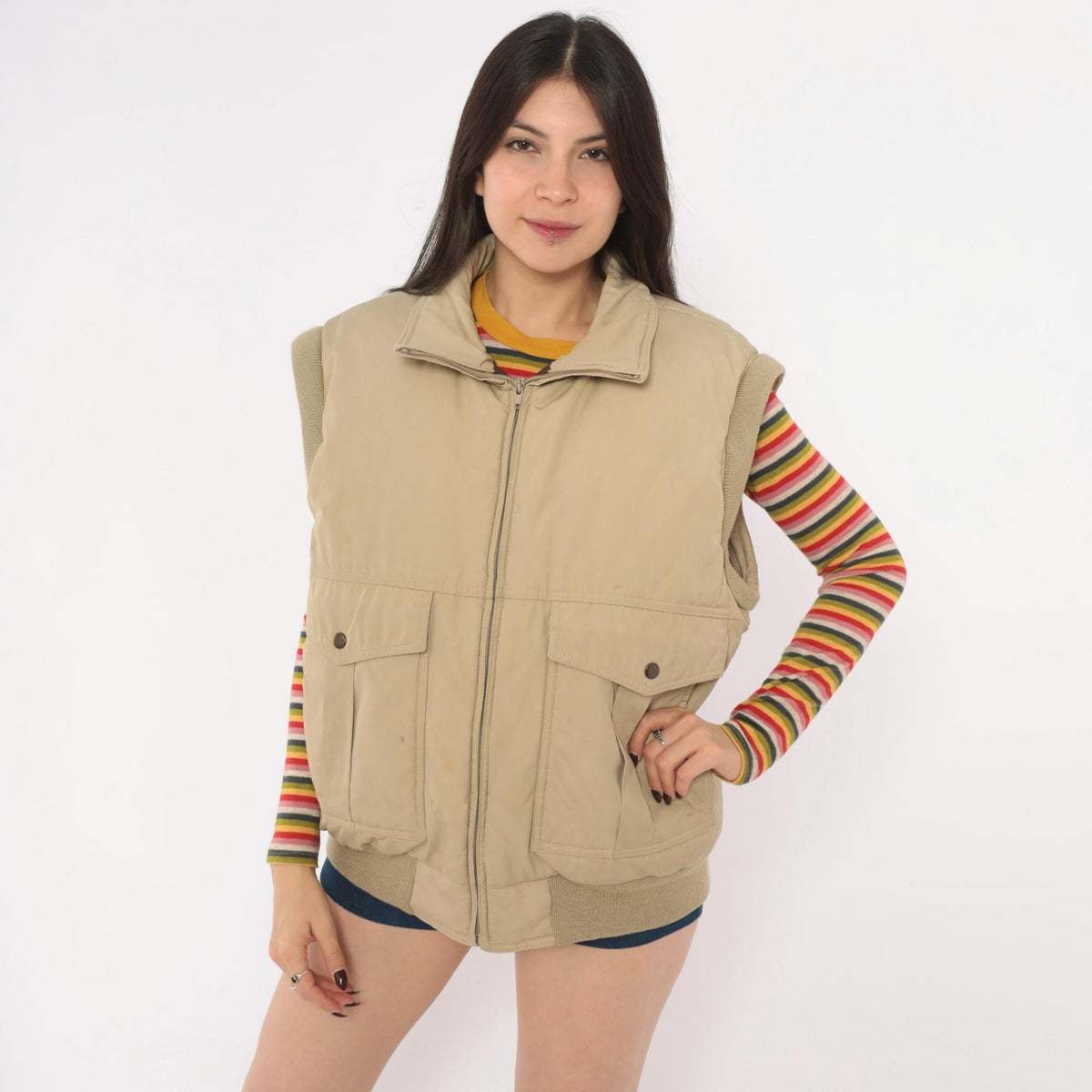 70s Natural High Down Bomber Jacket Convertible Zip-Off Sleeves Tan Medium