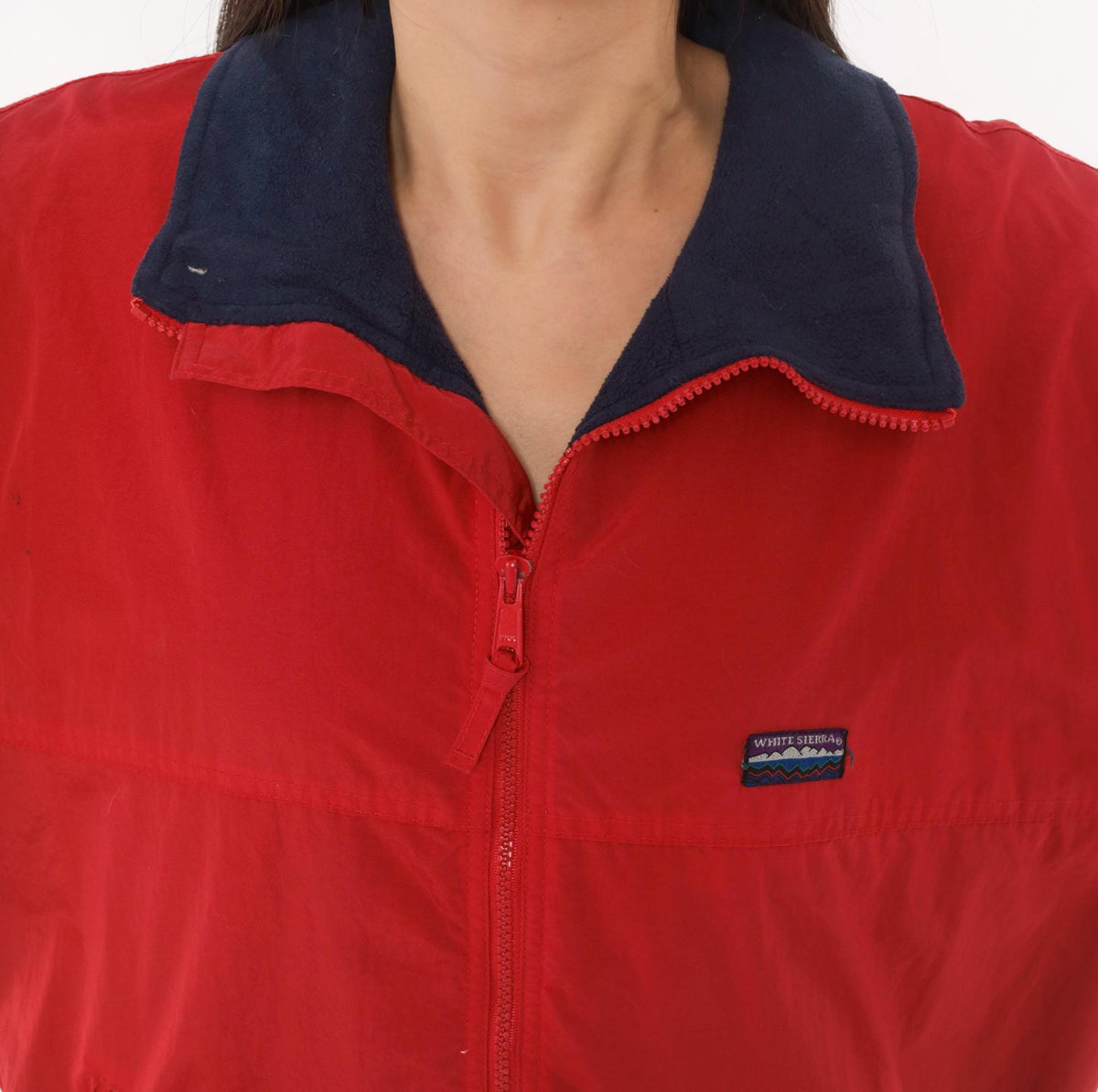 90s White Sierra Red Bomber Jacket Navy Fleece Lined Windbreaker Large L