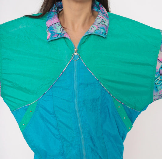 90s Otello Pelle Teal Windbreaker Geometric Color Block Jacket Medium