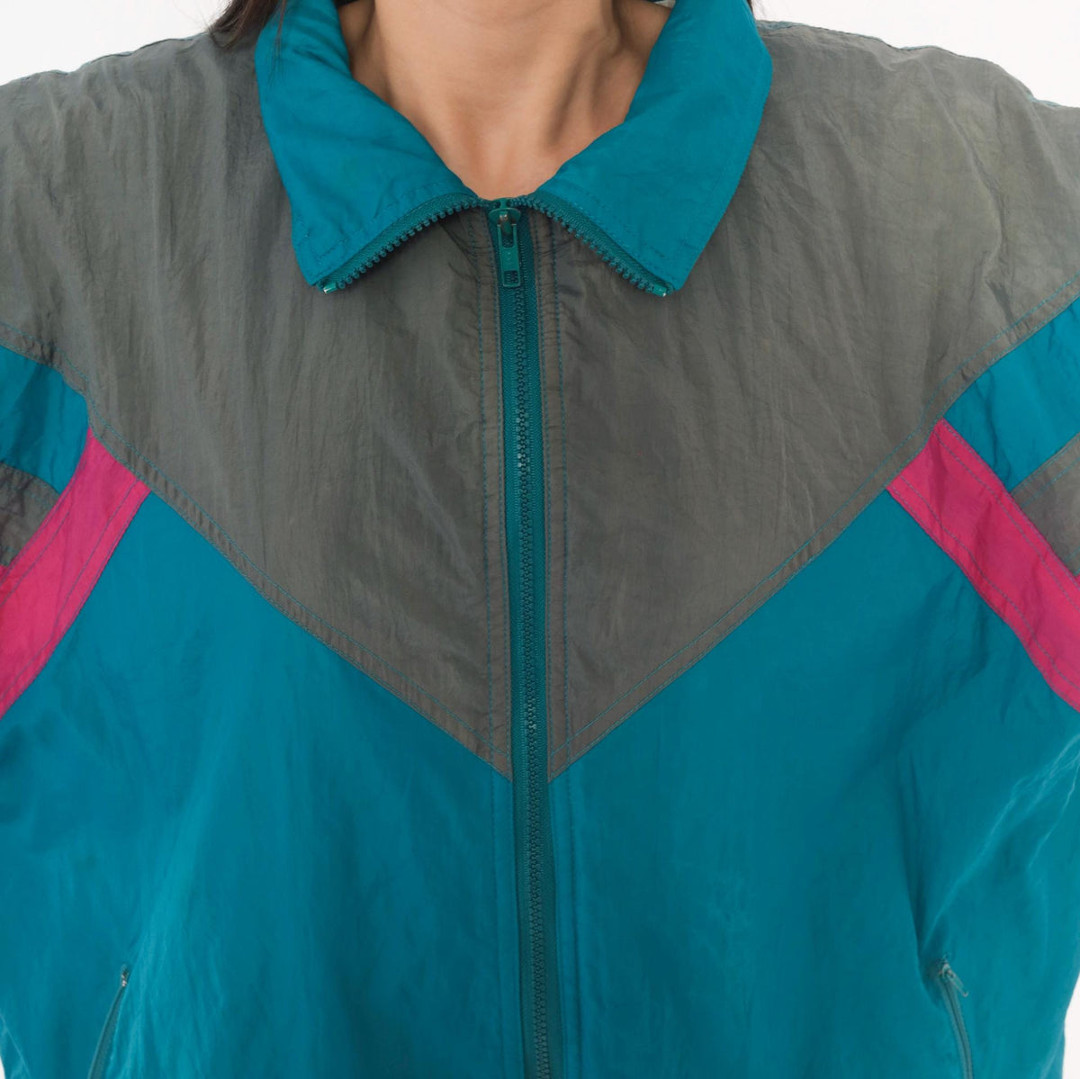 90s Pacific Sports Windbreaker Teal Blue Chevron Colorblock Jacket Large L