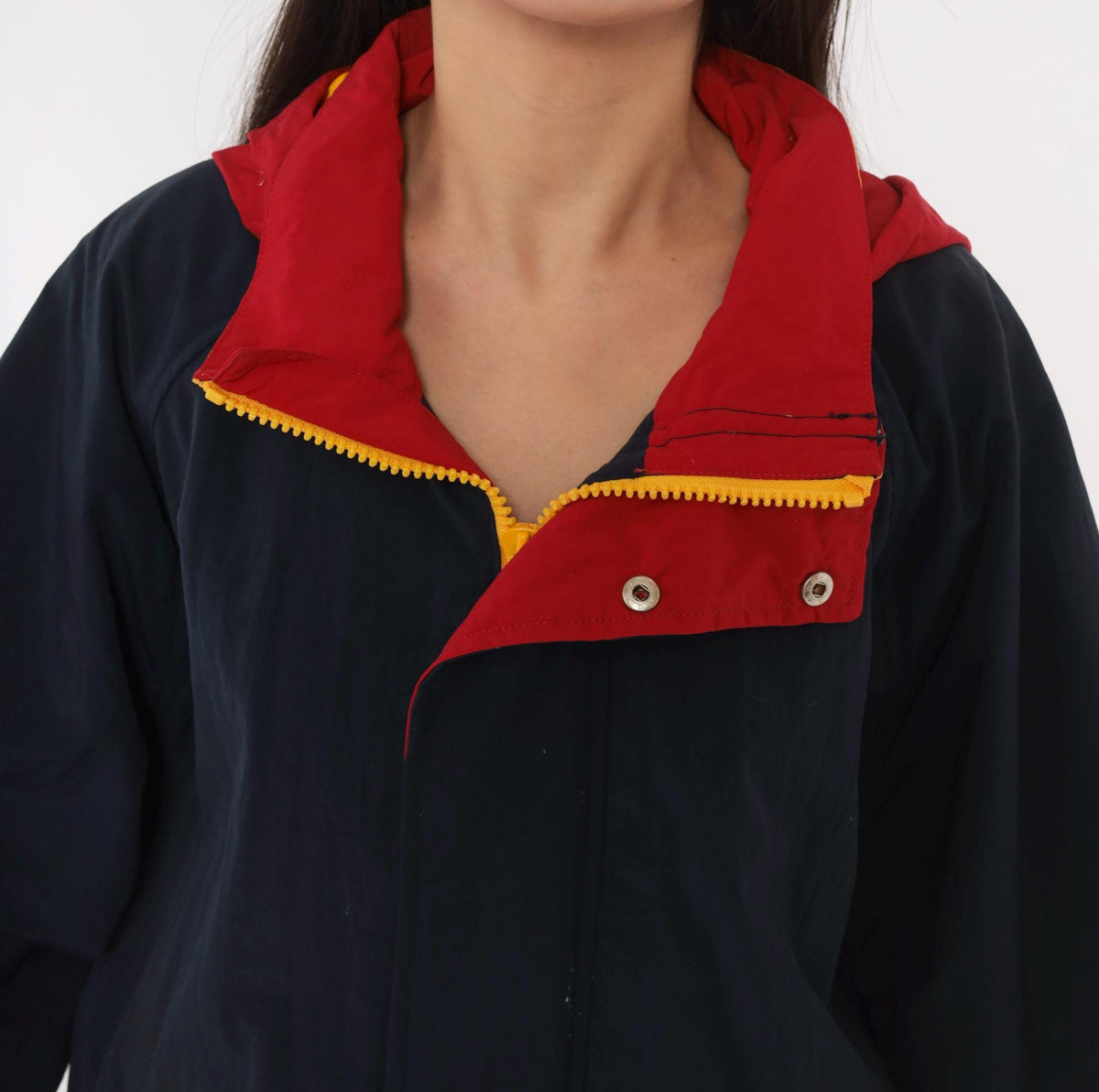 90s Croft & Barrow Navy Windbreaker Hooded Jacket Color Block Red Yellow Extra Large