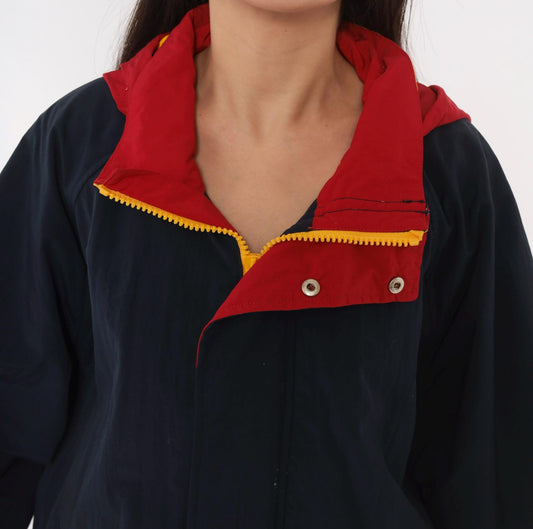 90s Croft & Barrow Navy Windbreaker Hooded Jacket Color Block Red Yellow Extra Large