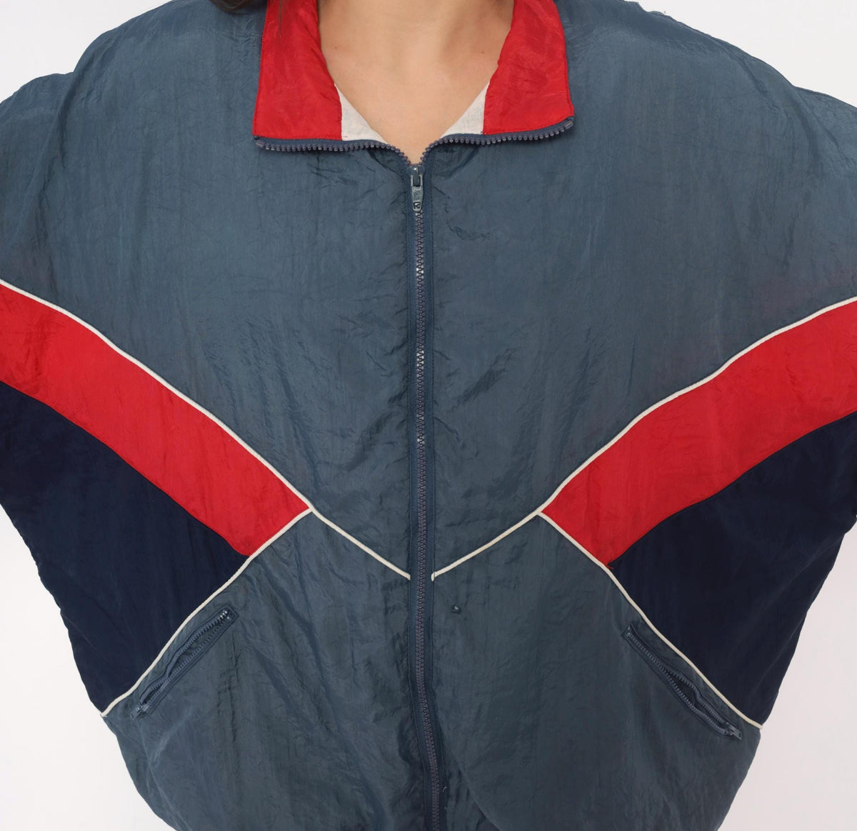 90s Avait Sportif Windbreaker Jacket Colour Block Chevron Blue Navy Cream Extra Large