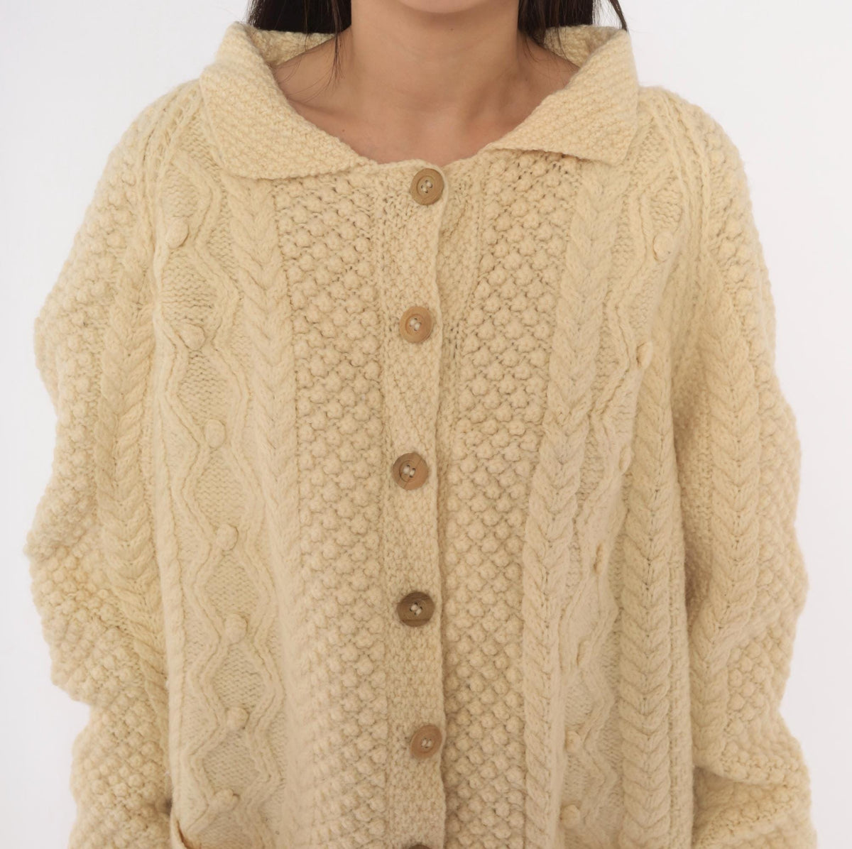80s Cream Cable Knit Wool Cardigan Fisherman Collar Button Front Large L