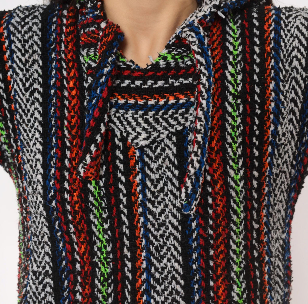 90s Earth Ragz Baja Hoodie Black Rainbow Striped Woven Pullover Extra Small XS