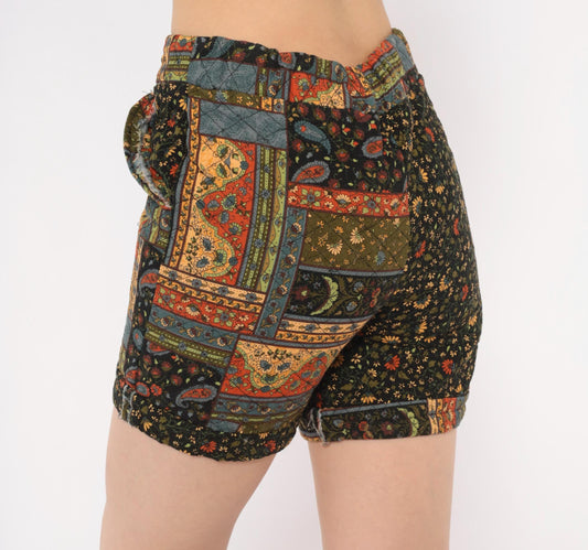 90s Patchwork Floral Shorts Black Paisley Quilted High Rise Small