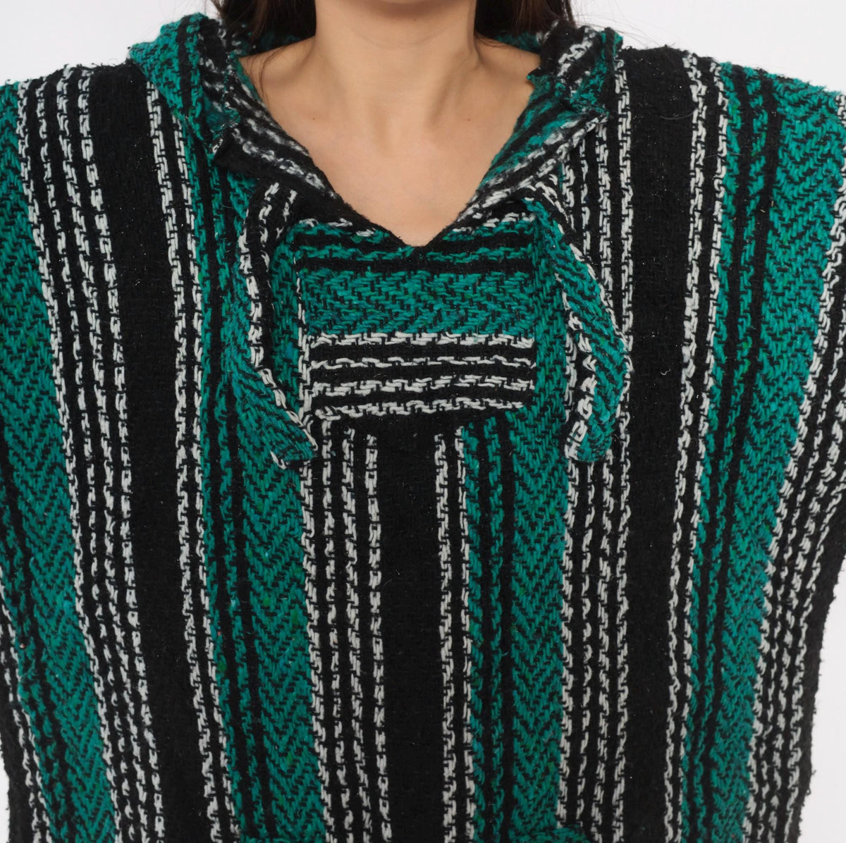 90s Baja Hoodie Black Teal Stripe Kangaroo Pocket V Neck Unisex Extra Large XXL