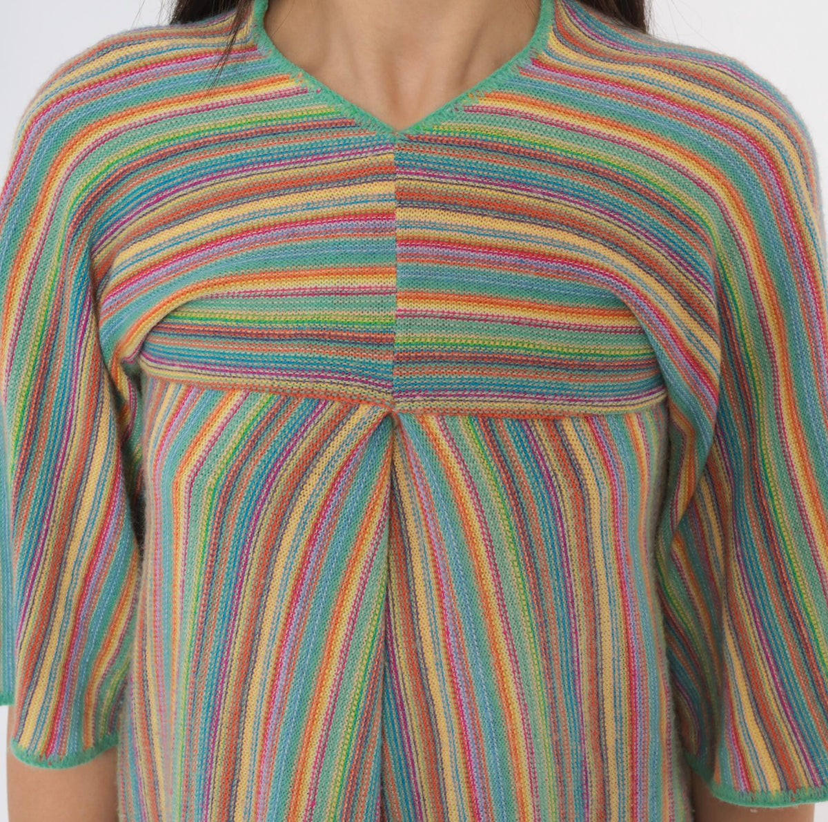 70s Key of Gee Rainbow Striped Knit Mini Dress V Neck A Line Extra Small