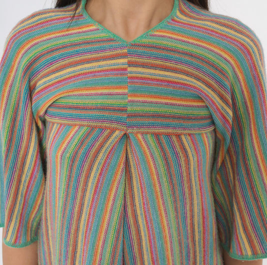 70s Key of Gee Rainbow Striped Knit Mini Dress V Neck A Line Extra Small