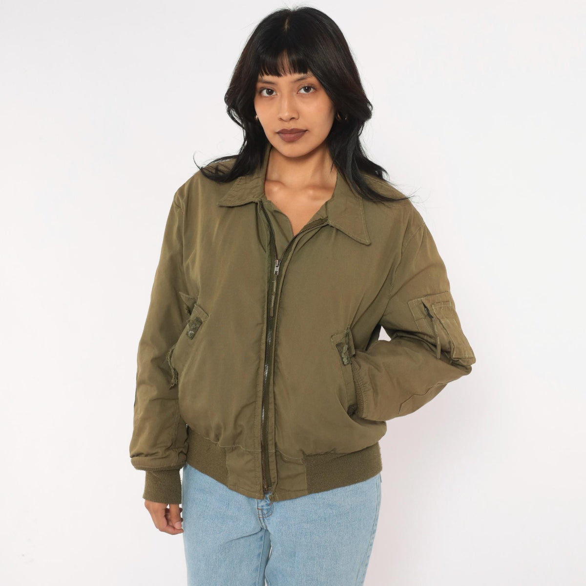 90s Olive Green Military Flight Jacket Bomber Zip Front Medium
