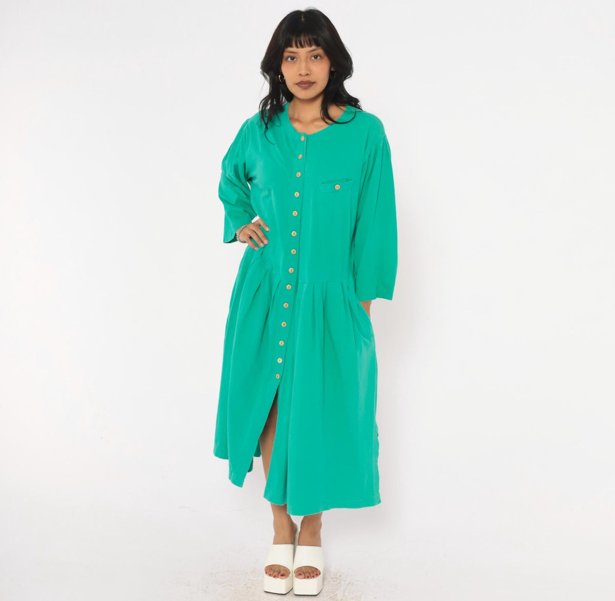 80s Louis London Green Cotton Midi Dress Button Front Drop Waist Extra Large