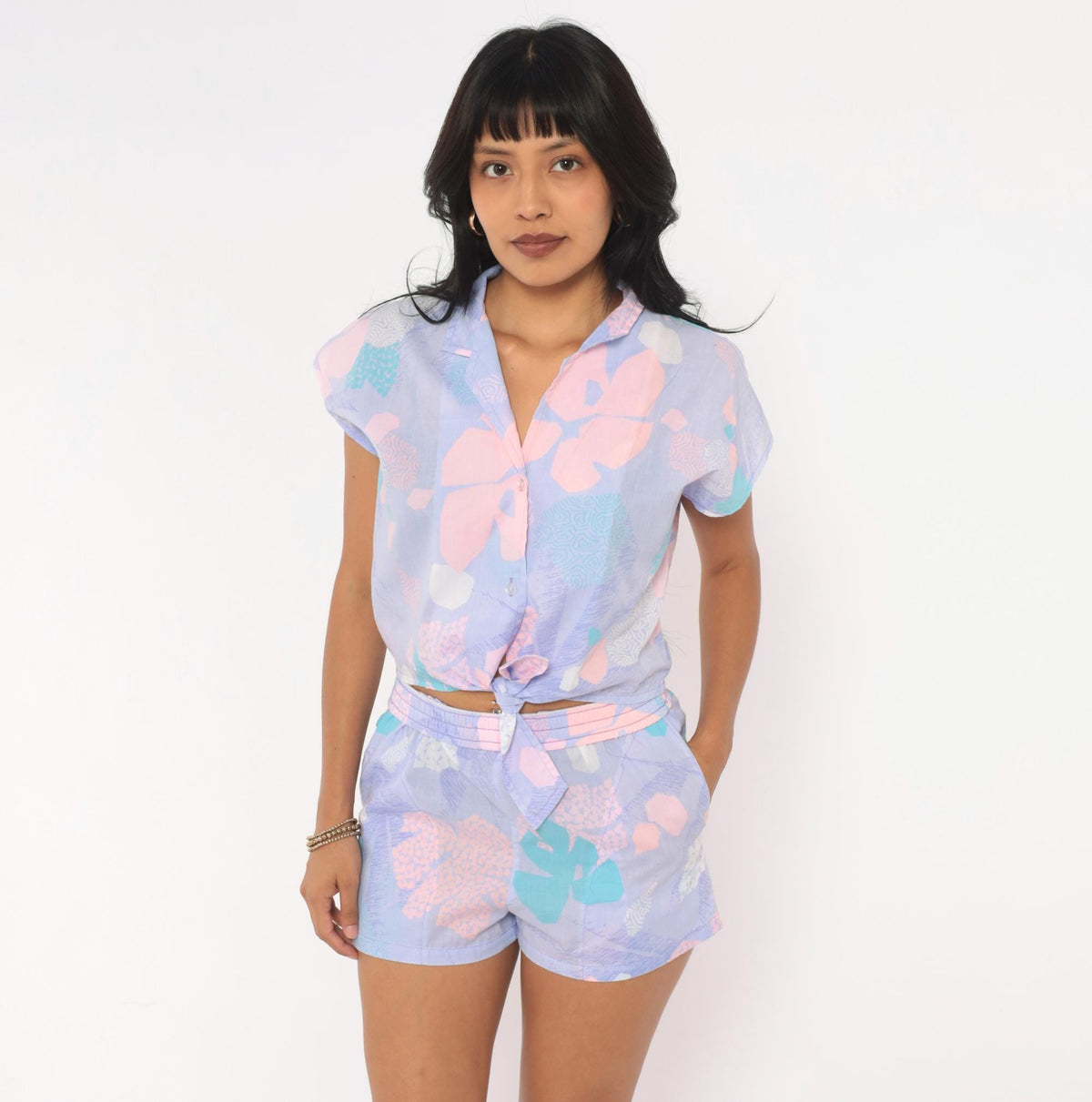 80s Hilo Hatties Purple Floral Two Piece Shorts Set Hawaiian Playsuit Small