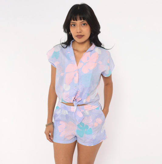80s Hilo Hatties Purple Floral Two Piece Shorts Set Hawaiian Playsuit Small