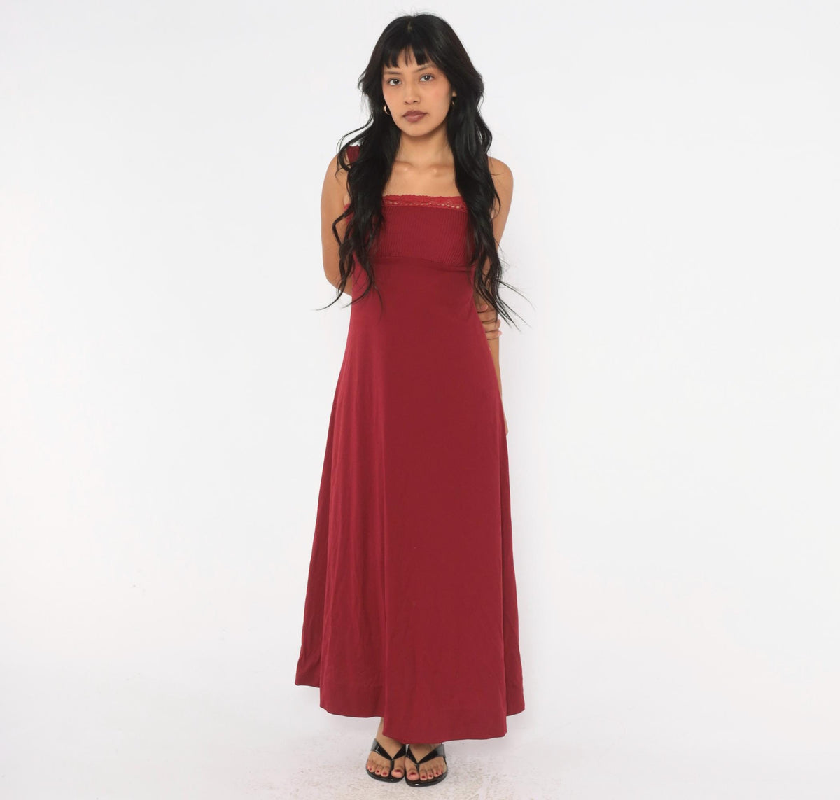 70s Burgundy Maxi Dress Empire Waist Crochet Trim Spaghetti Strap Extra Small XS