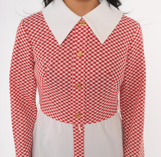 70s Miss Donna Gingham Maxi Dress Red White Check Pointed Collar Small