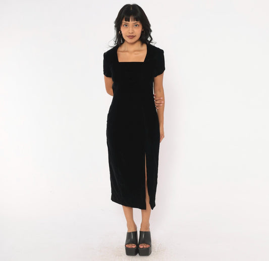 90s Sara Campbell Velvet Midi Dress Black Square Neck Short Sleeve Small S