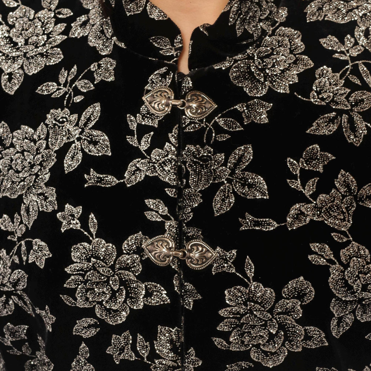 90s Black Velvet Jacket Silver Glitter Floral Mandarin Collar Large L