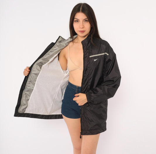 90s Reebok Windbreaker Jacket Black Grey Reflective Stripe Medium M
