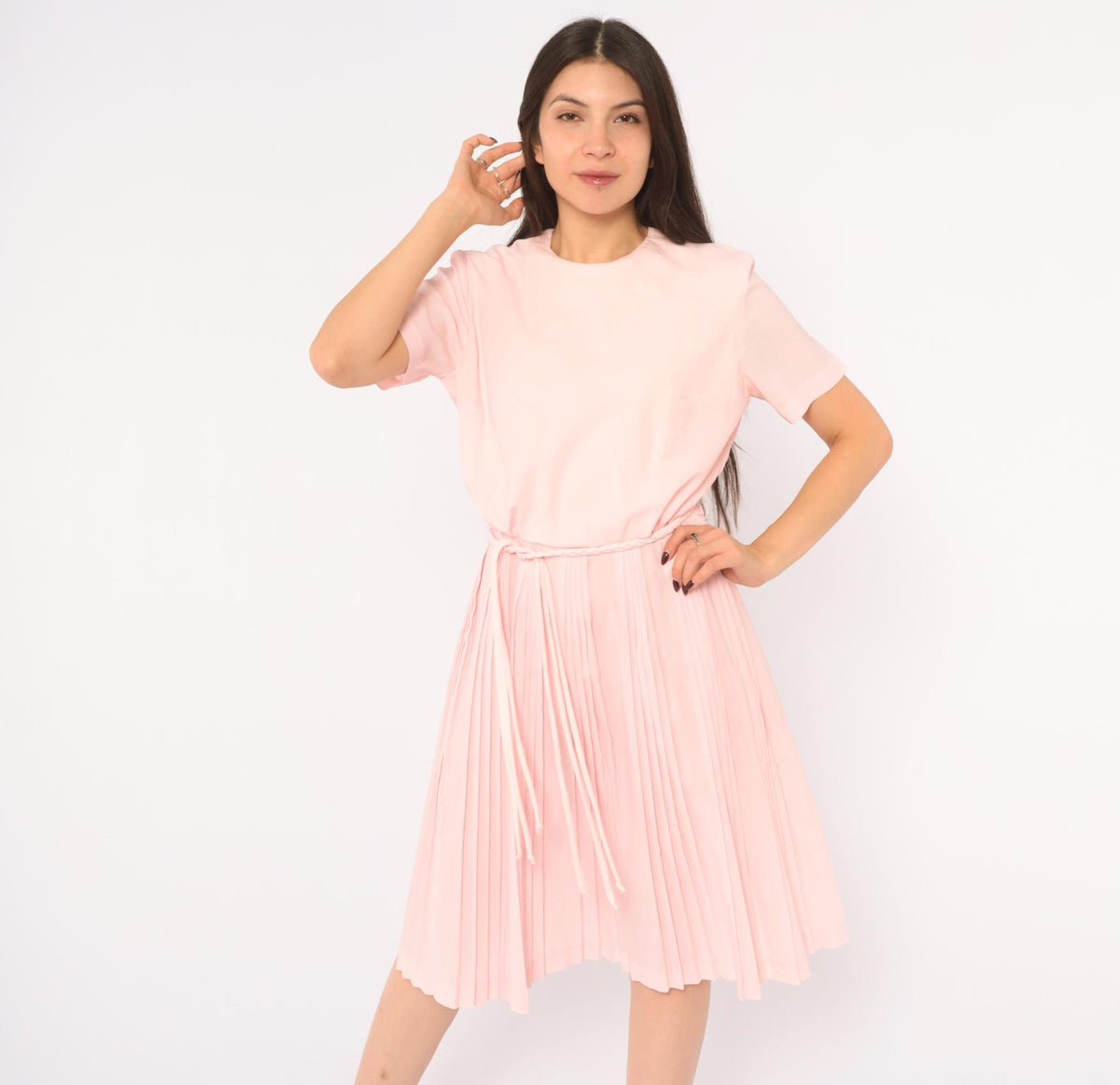 60s Blush Pink Pleated Day Dress Blouson Dropped Waist Crew Neck Small S
