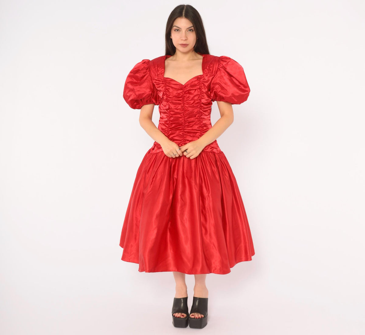 80s Red Prom Dress Sweetheart Neckline Puff Sleeve Open Back Midi Medium