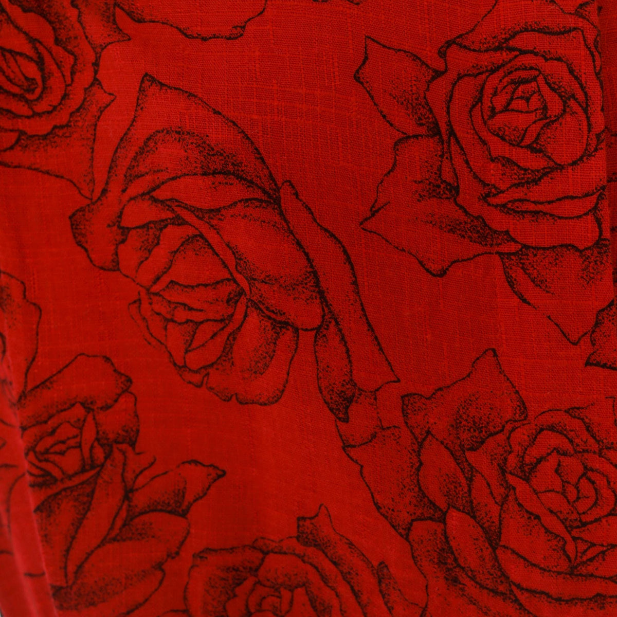 80s Red Rose Print Linen Dress Black Floral Ankle Length Button Front Medium