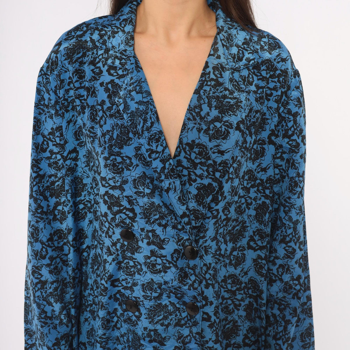 80s Très Paquette Blue Floral Midi Dress Double Breasted V Neck Extra Large