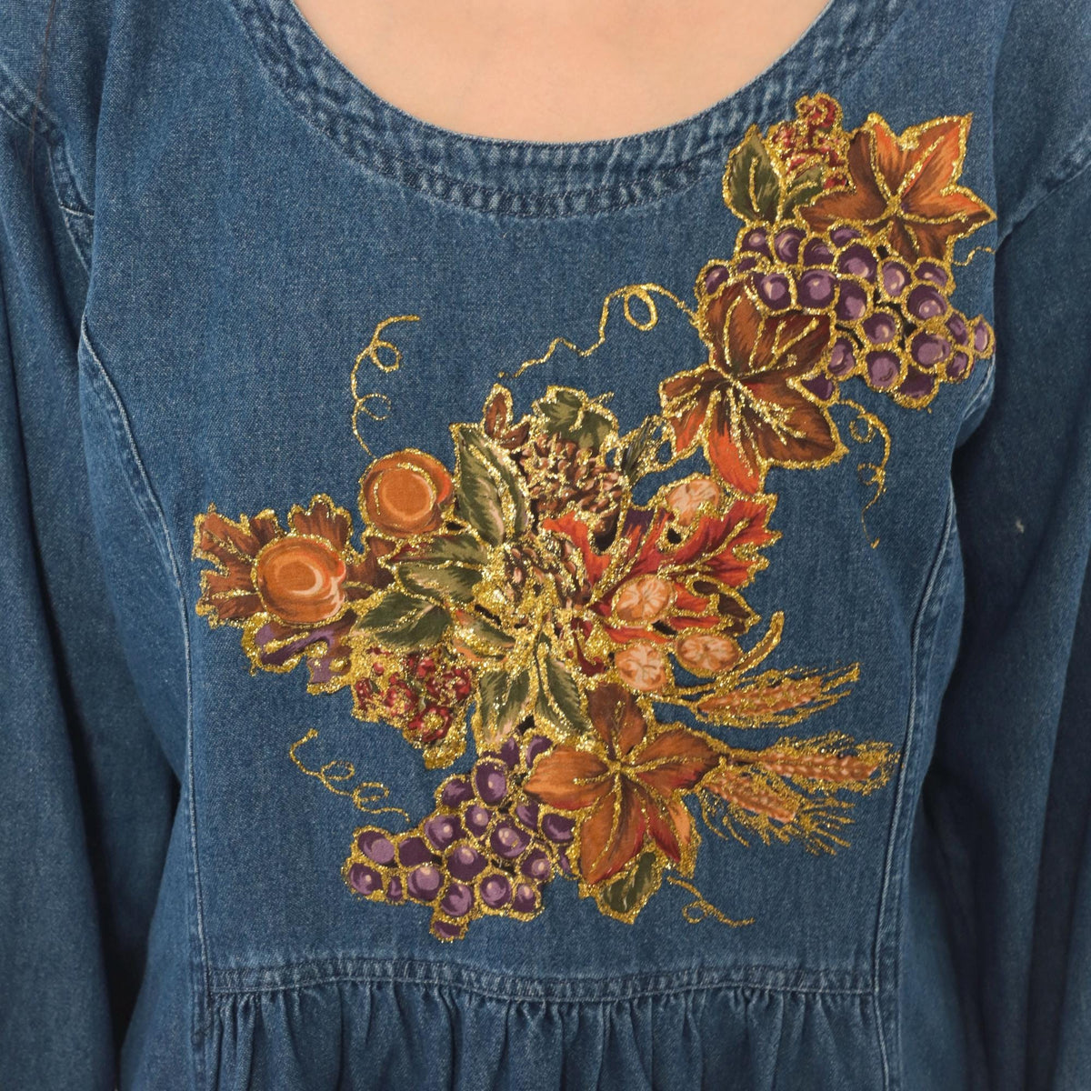80s Sun Belt Denim Dress Hand Painted Grapes Gold Glitter Blue Cotton Large