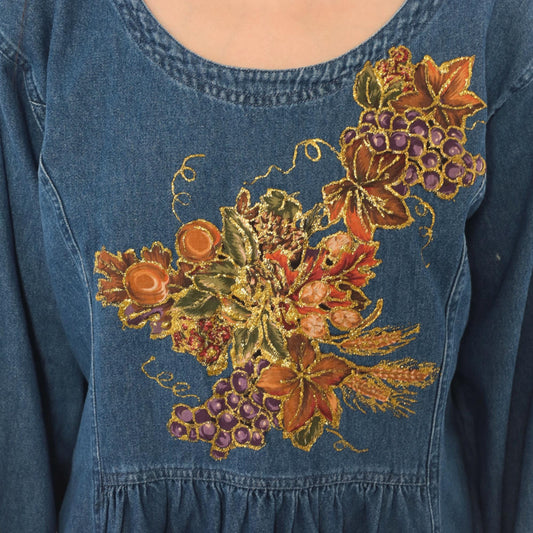 80s Sun Belt Denim Dress Hand Painted Grapes Gold Glitter Blue Cotton Large