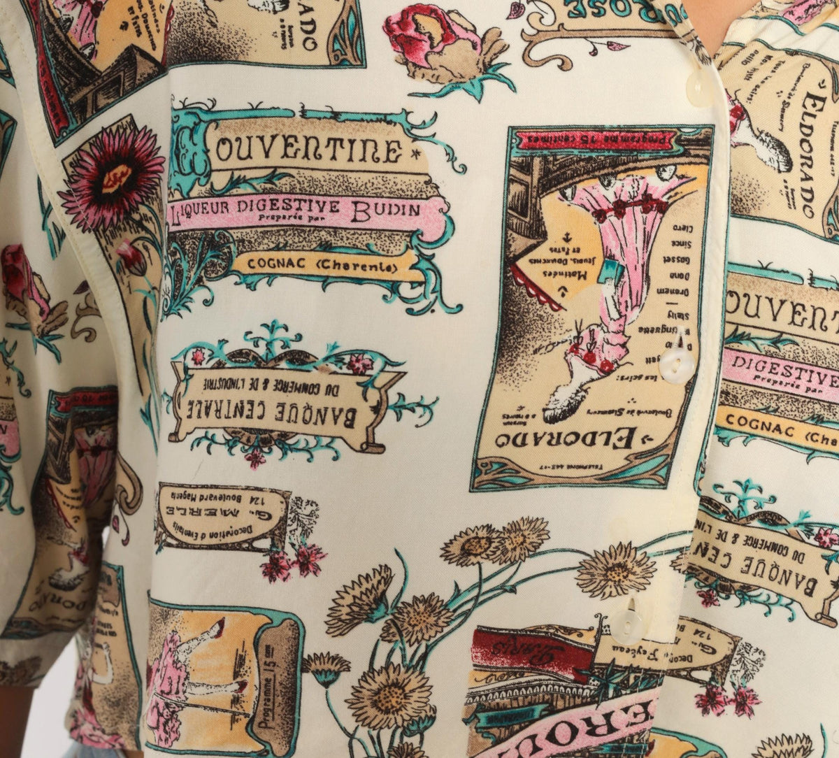 90s Jaspe Crop Top Beige Floral Poster Print Button Front Blouse Medium