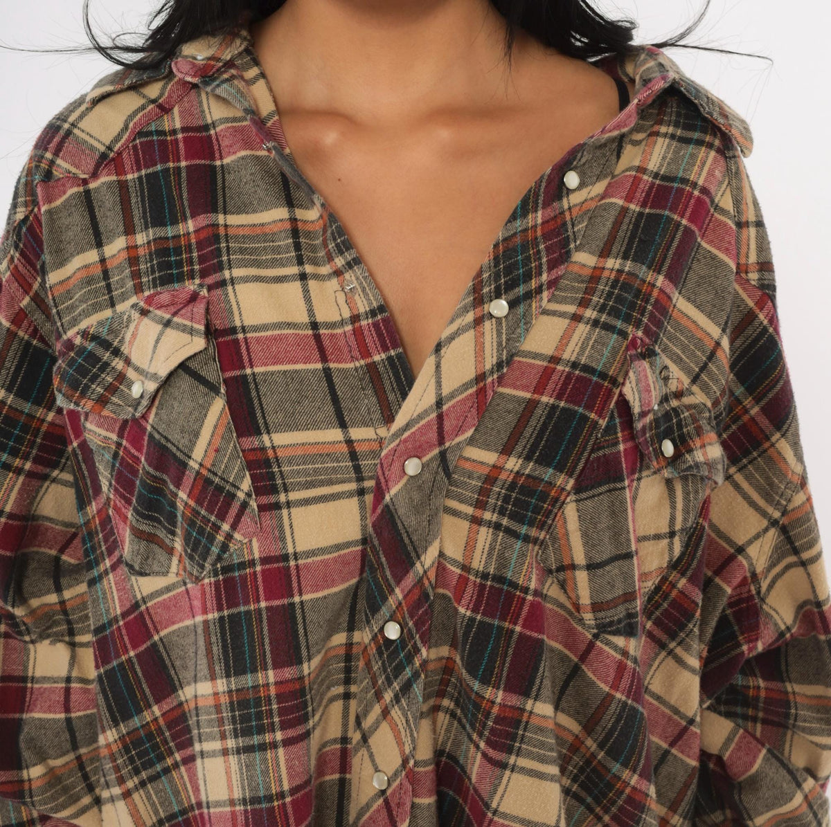 90s Plaid Flannel Shirt Tan Burgundy Pearl Snap Western Yoke Extra Large XXL