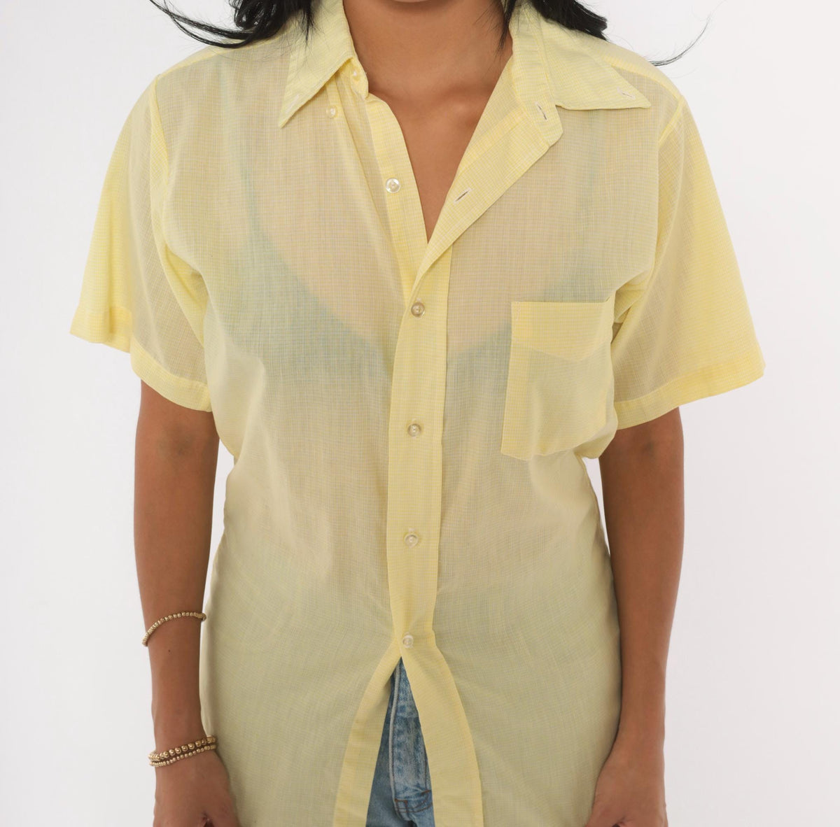 70s Yellow Cotton Button Up Shirt Short Sleeve Pointed Collar Chest Pocket Extra Small XS