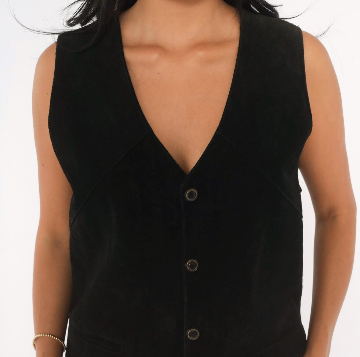 90s Black Suede Vest Deep V Snap Button Western Waistcoat Medium M