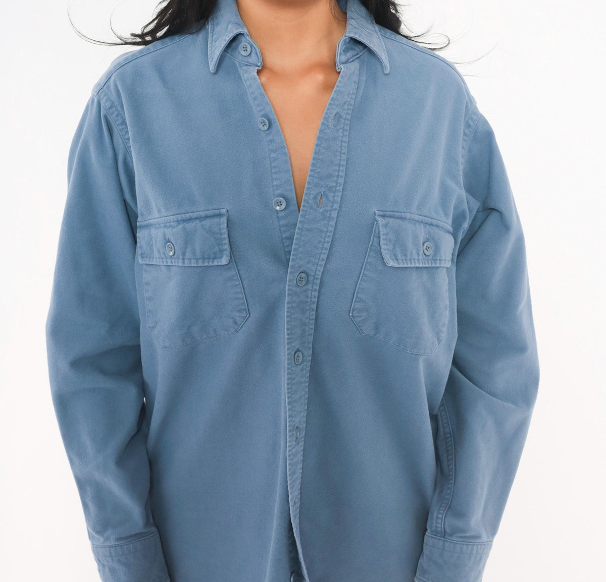 90s L.L.Bean Slate Blue Cotton Work Shirt Chest Pocket Collared Medium