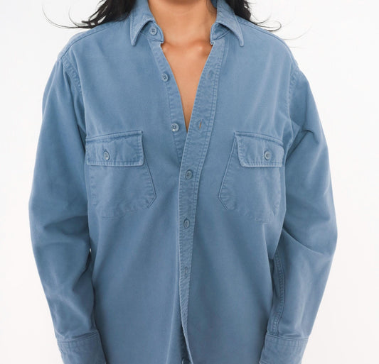 90s L.L.Bean Slate Blue Cotton Work Shirt Chest Pocket Collared Medium