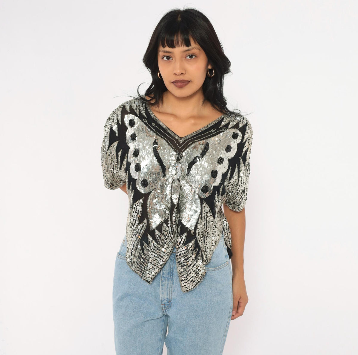 80s Silver Sequin Butterfly Silk Blouse Batwing Sleeve V Neck Medium