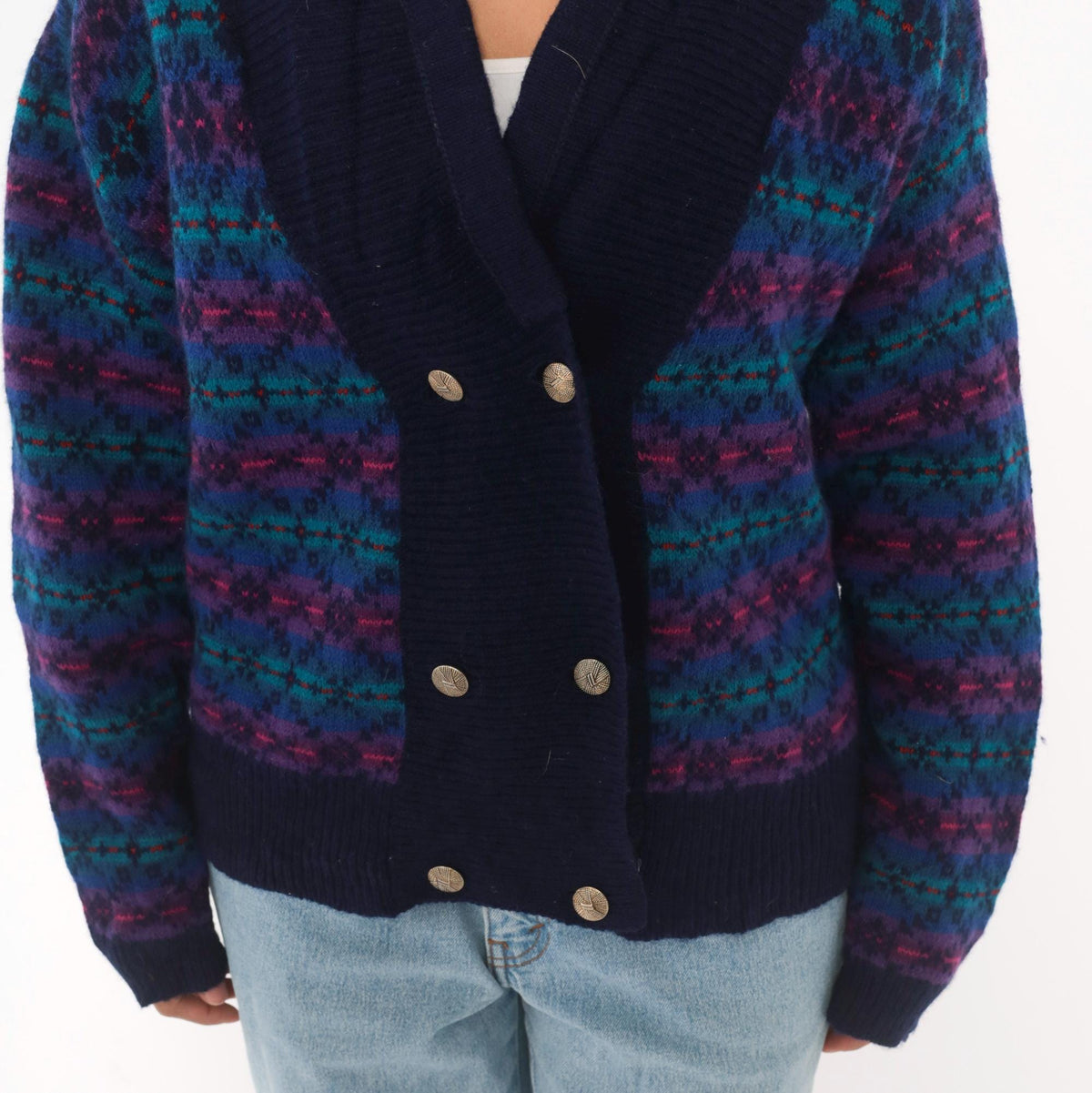 80s Fair Isle Cardigan Navy Wool Blend Shawl Collar Double Breasted Medium M