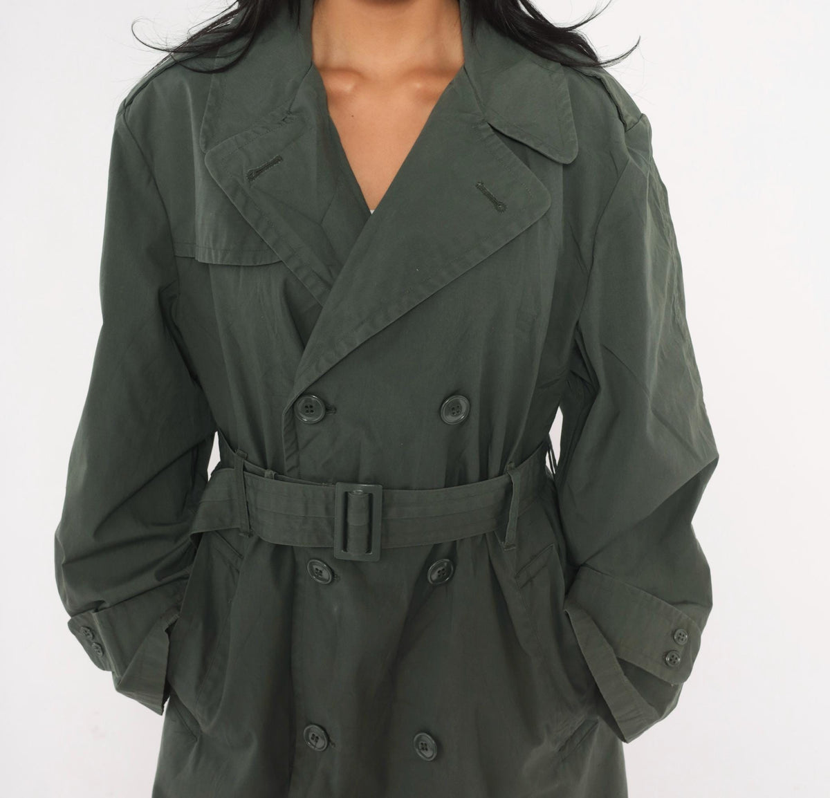 90s Military Trench Coat Grey Olive Double Breasted Long Jacket Medium