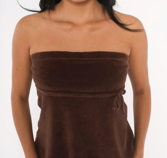 Y2K Brown Terry Tube Top Strapless Drawstring Tie Waist Small