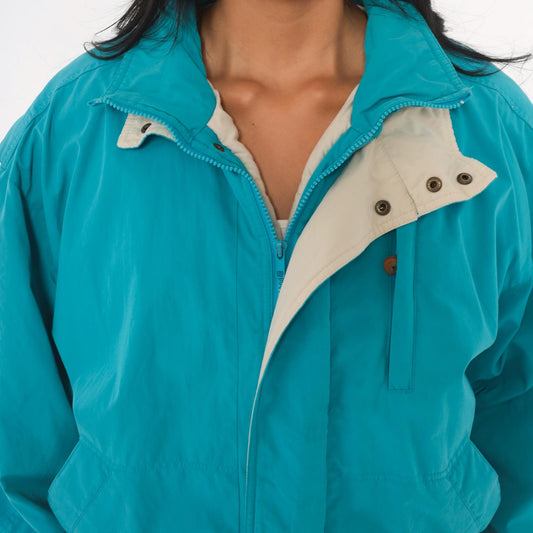 80s Oshkosh Teal Bomber Jacket Padded Zip Front Snap Collar Small