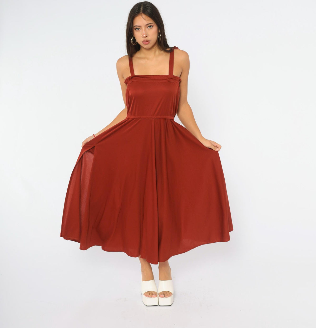70s Rust Red Midi Dress Tie Shoulder Sleeveless A-Line Full Skirt Small