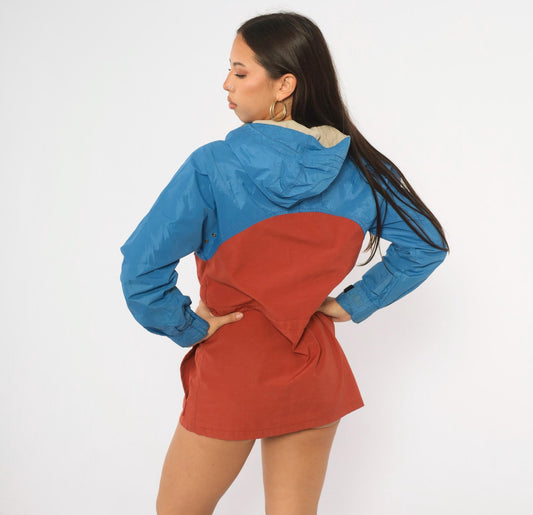 80s Jansport Hooded Windbreaker Cobalt Blue Rust Color Block Small