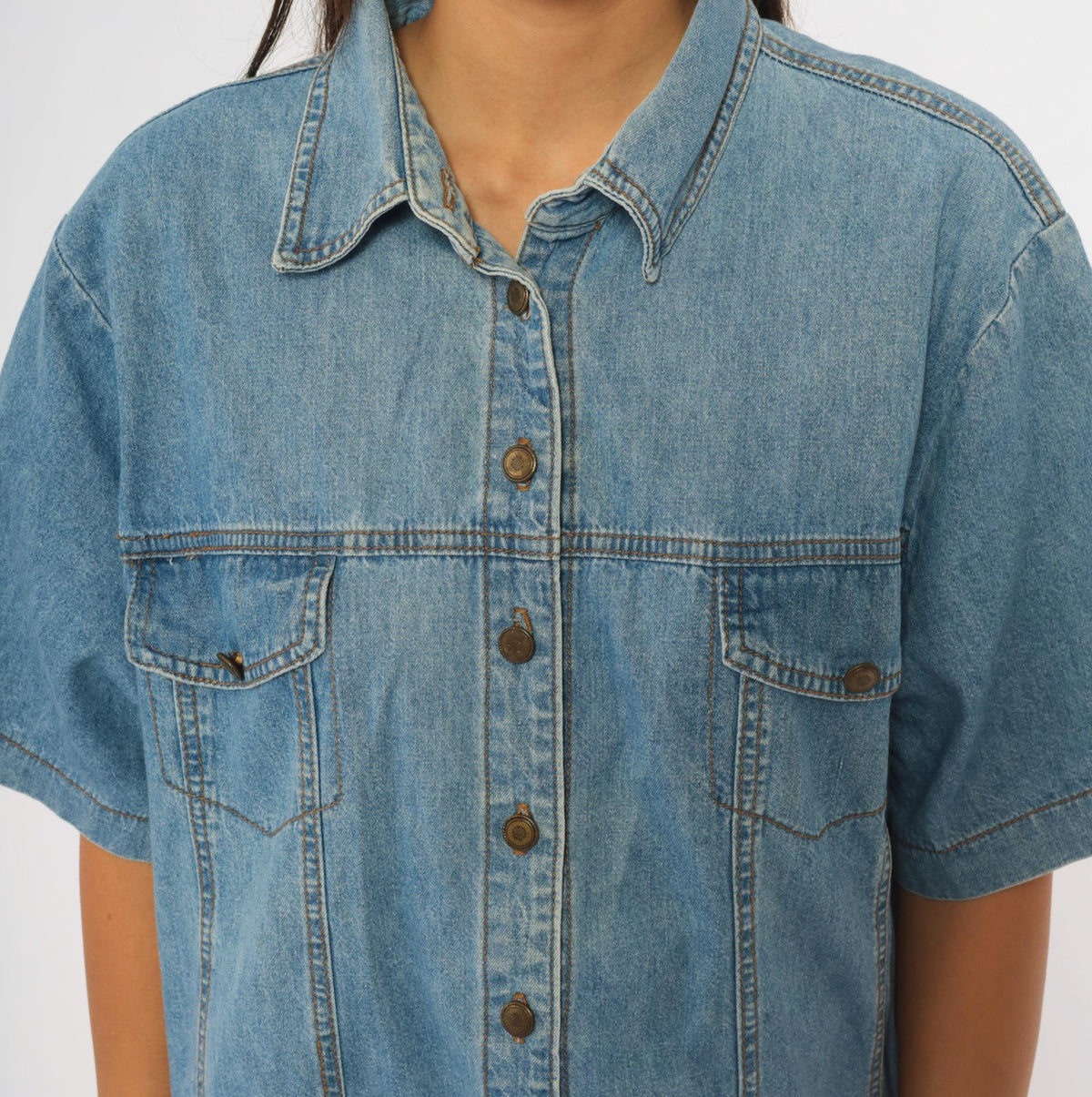 90s Switch II Denim Shirt Light Wash Cotton Short Sleeve Plus Size XXL