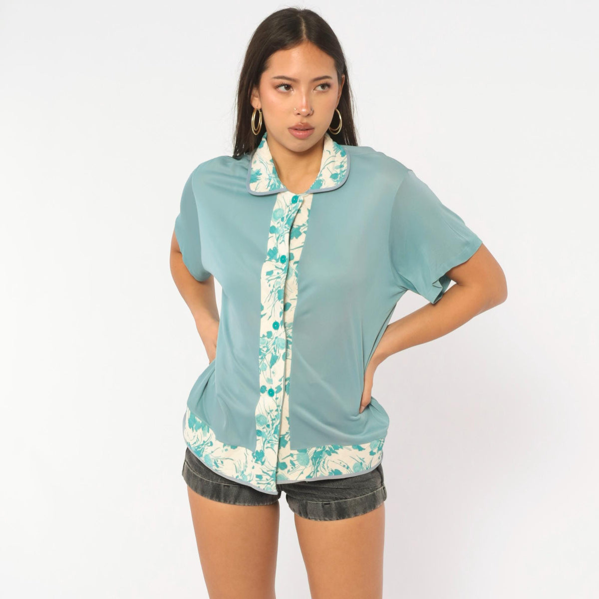 70s Binstron Blue Floral Blouse Peter Pan Collar Button Front Medium