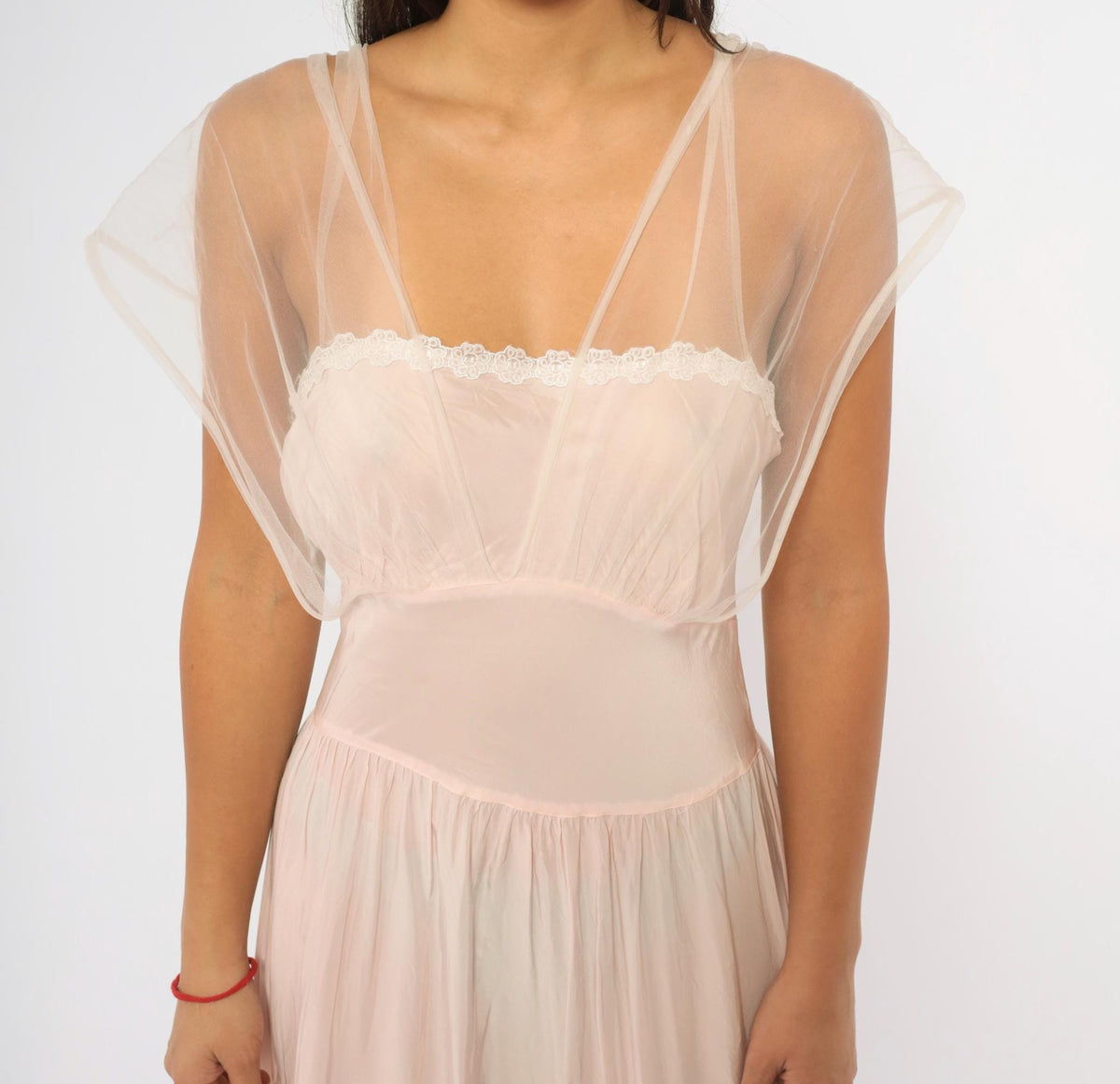 1940s Pink Tulle Nightgown Lace Trim Maxi Slip Dress Cap Sleeve Small