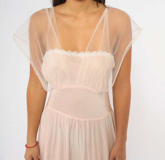 1940s Pink Tulle Nightgown Lace Trim Maxi Slip Dress Cap Sleeve Small