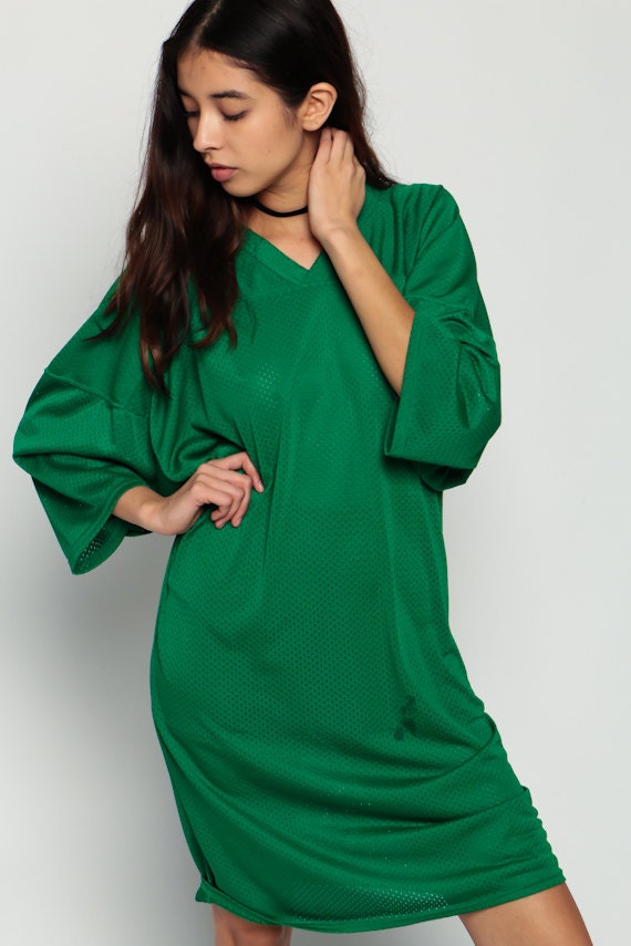 90s Football Jersey Dress Green Mesh V-Neck Mini Long Sleeve Extra Large