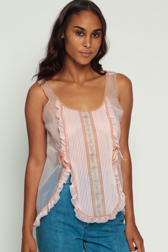 70s Pastel Pink Sheer Lace Babydoll Lingerie Top Ruffle Large