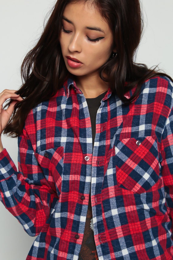 90s Navy Plaid Flannel Shirt Red White Button-Up Long Sleeve Medium